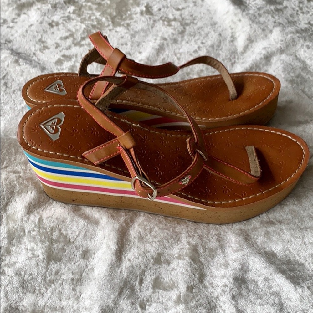 Roxy Colorful Striped Tan Wedge Sandals